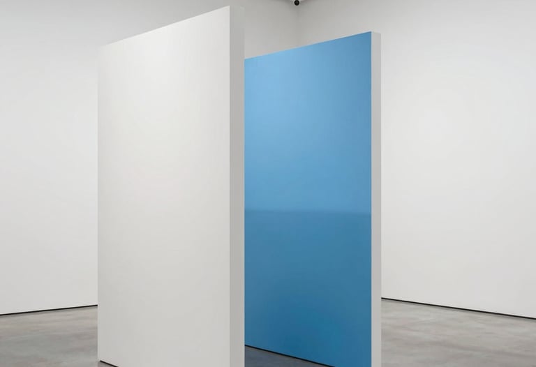 Minimalist art installation in a white gallery space. Clean lines, sky blue accent, North American / International sophisticated atmosphere.