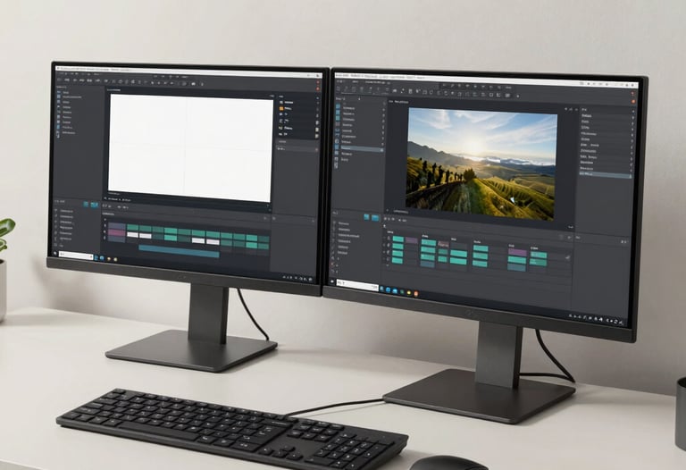 A high-end modern workstation with dual monitors displaying a clean, professional software interface. The environment is minimalist with slate and off white accents in a North American / International office.