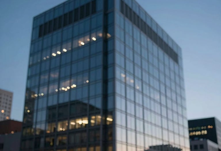 Blurred background of a modern glass office building at twilight. Sky blue and dark blue grey tones, North American / International urban vibe.