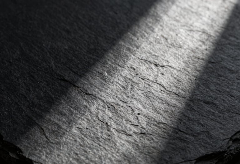Abstract photography of light and shadow on a textured slate surface. Moody and sophisticated North American / International aesthetic.