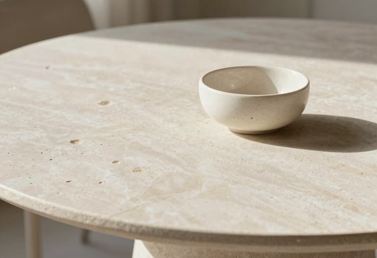 Elegant lifestyle product photography of high-end home decor on a minimalist stone table. Soft, natural morning light, off white palette, North American / International luxury style.
