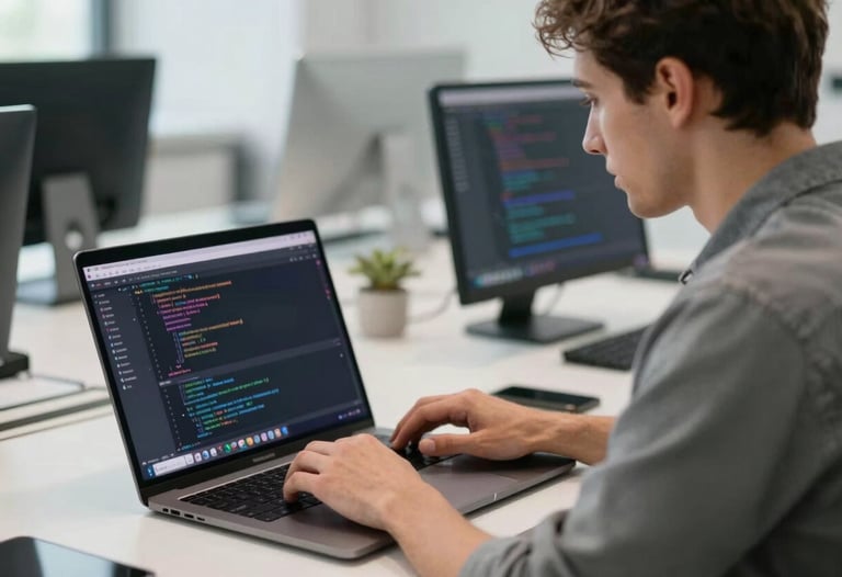 A focused European / French software developer or web designer is shown in a clean, modern office environment. They are typing on a laptop, with a blurred yet vibrant display of code or a sophisticated web interface on the screen. The composition is a medium shot, slightly from the side, emphasizing their concentration and the technology they are using. Lighting is bright, natural, and professional, highlighting a sleek, high-tech aesthetic. The style is minimalist and elegant, reflecting innovation and precision.