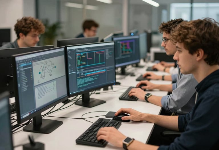Professional team working in a modern tech environment in Paris, focusing on collaborative software development on multiple monitors.