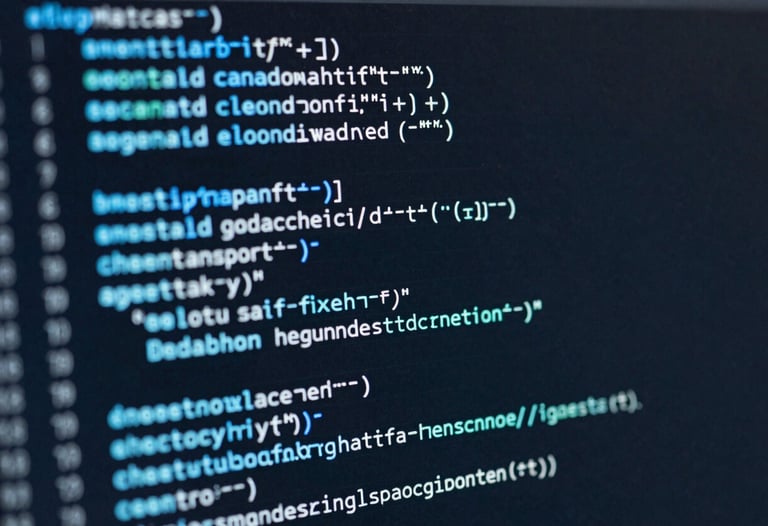Details of lines of clean code on a dark screen with syntax highlighting in shades of blue and cyan, illustrating expertise and precision.