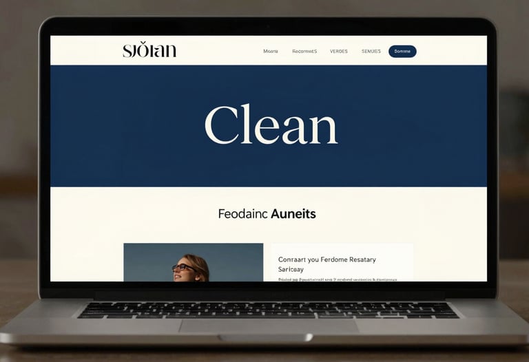 Clean, minimalist web interface design on a laptop screen, showing elegant typography and a sophisticated color palette of blue and off-white.