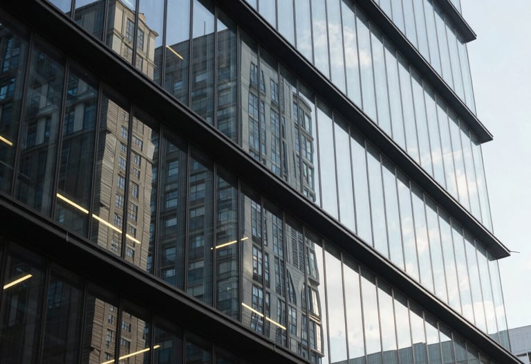 Abstract photography of light reflecting on glass and metal surfaces in a futuristic office building, evoking innovation and high-tech quality.
