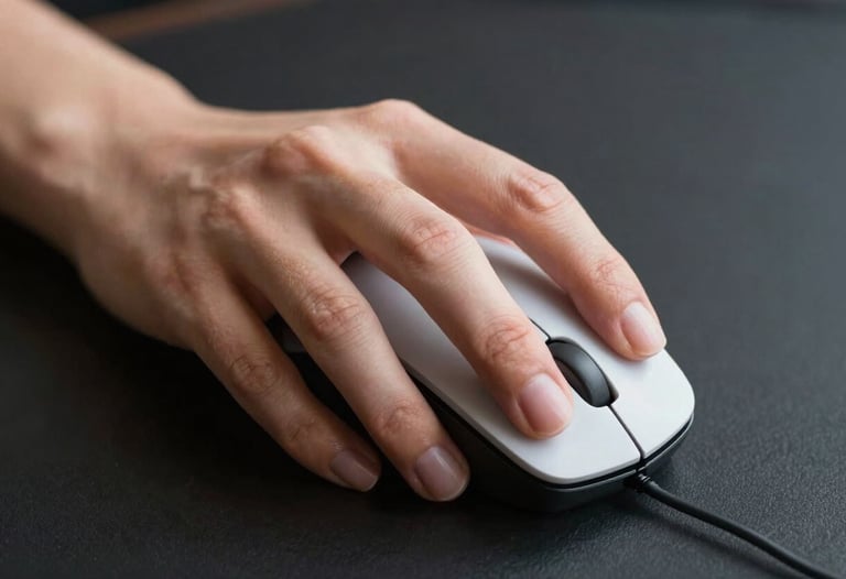 A designer's hand using a precision mouse on a dark surface, focusing on the detail of professional creative work.