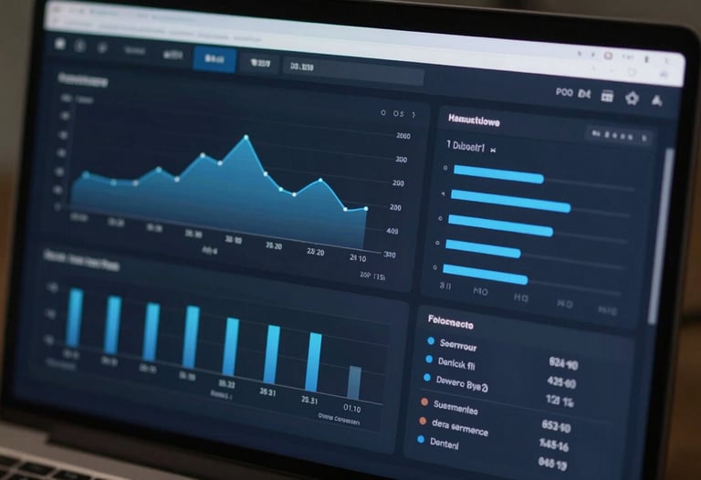 A close-up of a professional software dashboard on a high-resolution screen, displaying clean charts and data in dark navy and light blue tones, minimalist design.