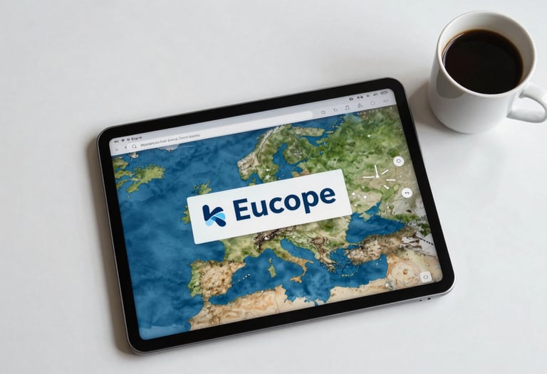 An overhead shot of a clean workspace with a tablet and a coffee, representing the balance of professional life and digital innovation in Europe.