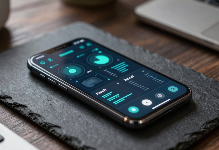 Close-up photography of a modern Android smartphone resting on a dark slate desk, screen showing a sophisticated system monitoring app with teal data visualizations. Eastern European urban setting.