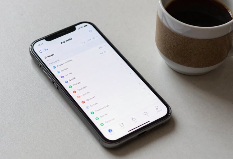 A clean shot of an Android smartphone showing a detailed inventory list with data charts, resting next to a coffee cup in a minimalist office.