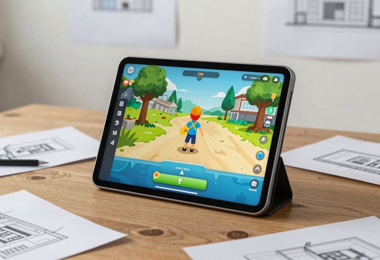 A lifestyle shot of a tablet propped up on a wooden table, displaying a playful game interface, surrounded by architectural sketches in a Ukrainian studio.
