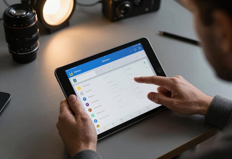 A top-down view of a Ukrainian developer's hands interacting with a mobile app interface on a tablet. The room has industrial lighting and a professional tech-focused vibe.