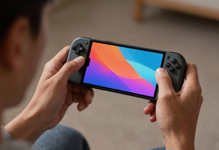 An over-the-shoulder shot of a person playing a mobile game, focusing on the vivid colors of the screen and the high-tech design of the device.