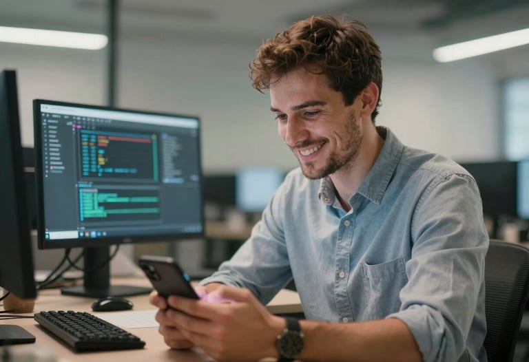 Candid shot of a software engineer in an Eastern European office, looking at a mobile device with a satisfied expression, reflecting a successful deployment. Soft cinematic lighting.