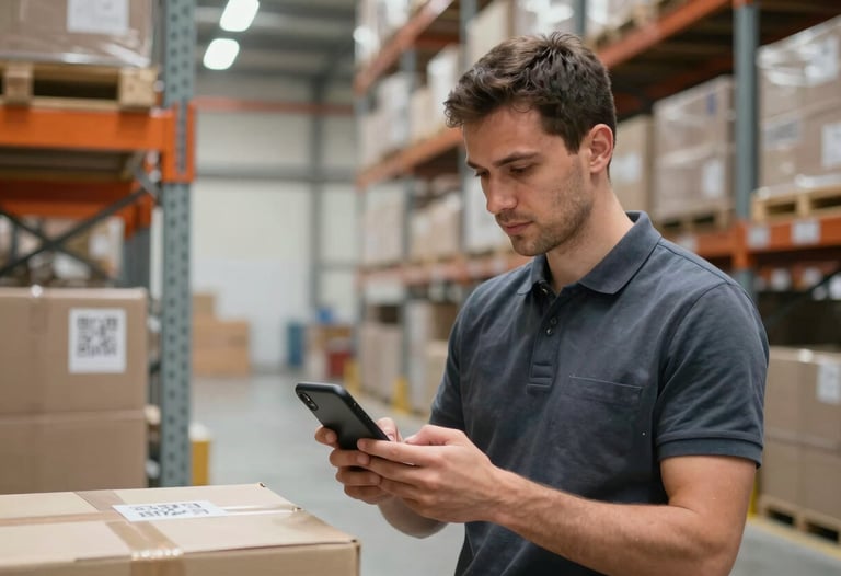 Professional photography of a logistics worker in a modern warehouse in Ukraine, using a smartphone app to scan a QR code. Natural, crisp lighting.