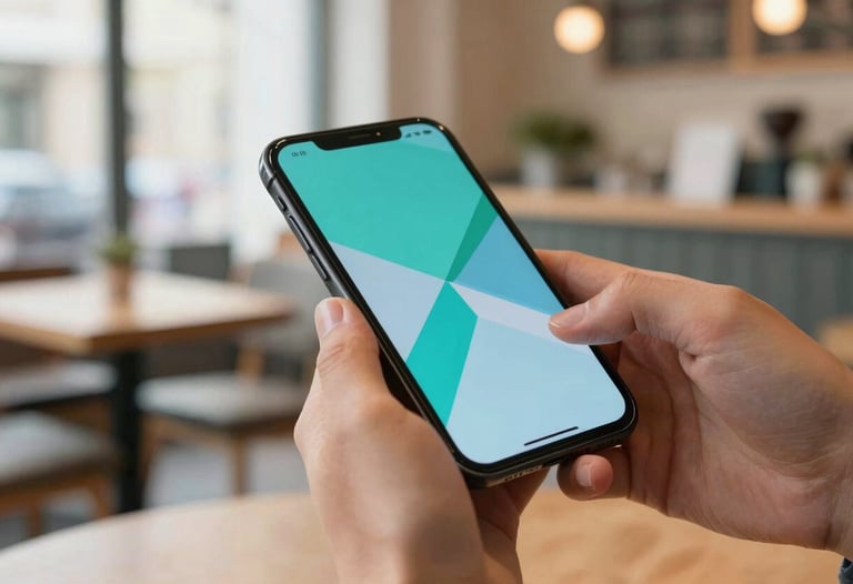 A vibrant photography of a mobile game being played on a high-resolution smartphone in a bright, modern cafe in Lviv, Ukraine. The screen shows colorful teal and light blue geometric shapes.
