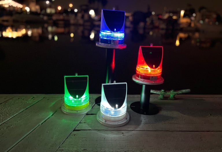 solar powered marine LED dock lights  - waterproof, constant-on or flashing options