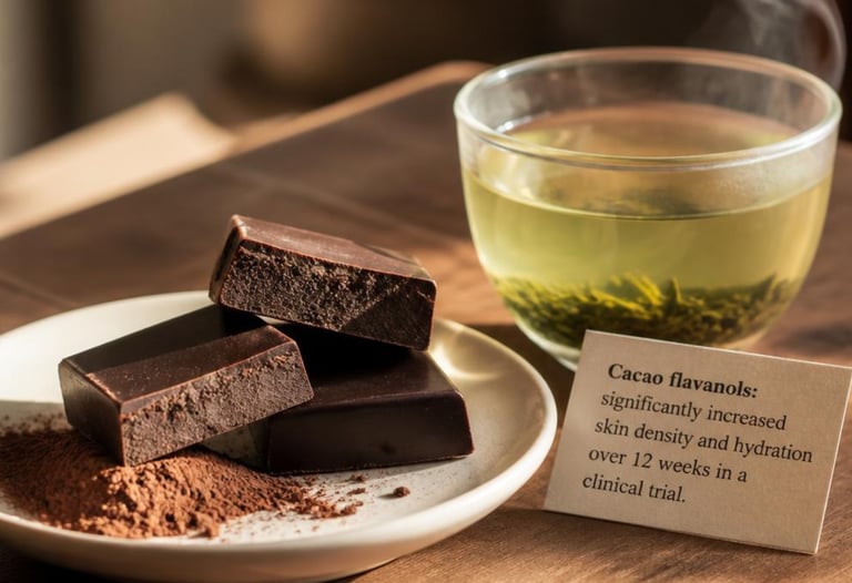 Dark chocolate squares and green tea on a wooden table with a note about cacao flavanols for skin health.