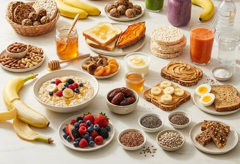 Healthy breakfast spread with oatmeal, fresh berries, fruit, nuts, and whole grain toast on a white table.