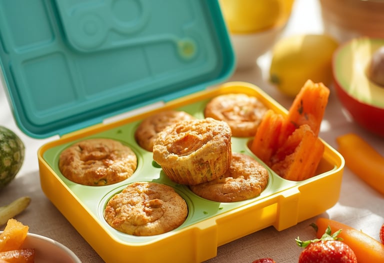 Healthy vegetable muffins and sliced carrots in a colorful bento lunch box for kids.