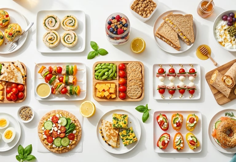 Variety of healthy snack ideas and meal prep appetizers including wraps, skewers, and bento boxes on a white background.