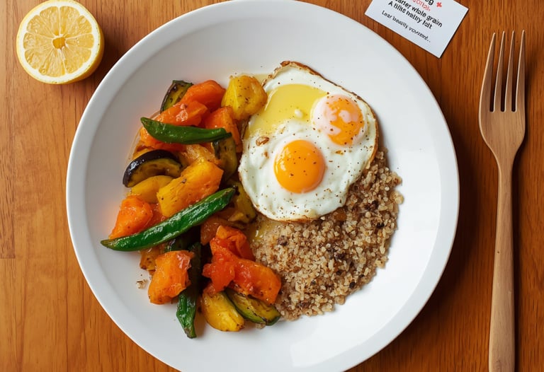 Healthy breakfast bowl with fried eggs, quinoa, and roasted vegetables on a wooden table.