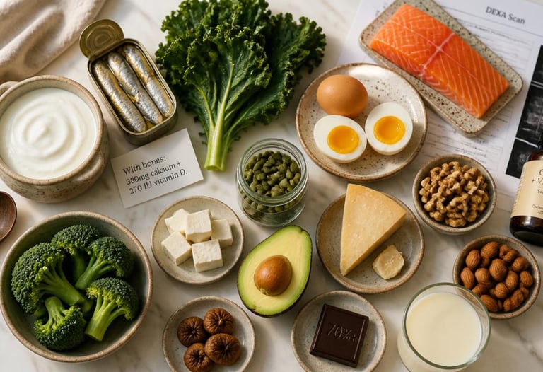 A variety of calcium-rich foods for bone health including salmon, kale, eggs, and dairy products.