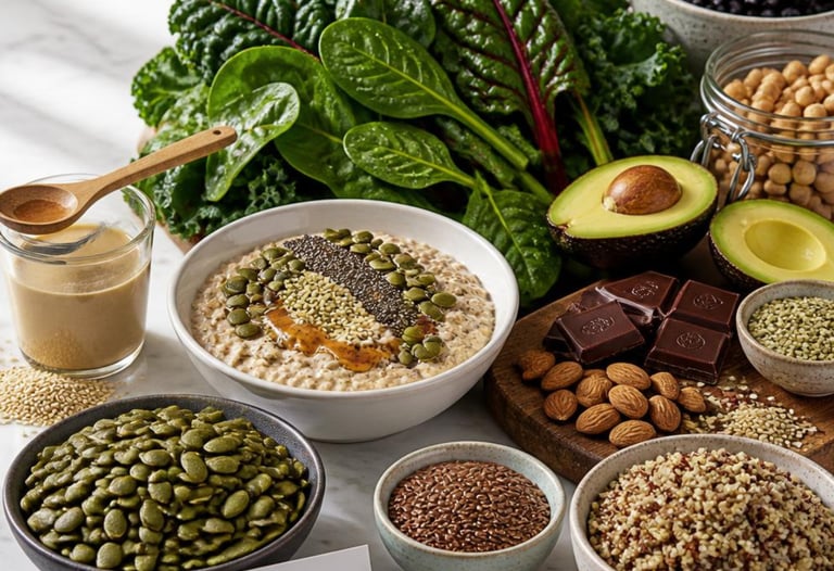A healthy vegan magnesium-rich oatmeal, avocado, nuts, and leafy greens.