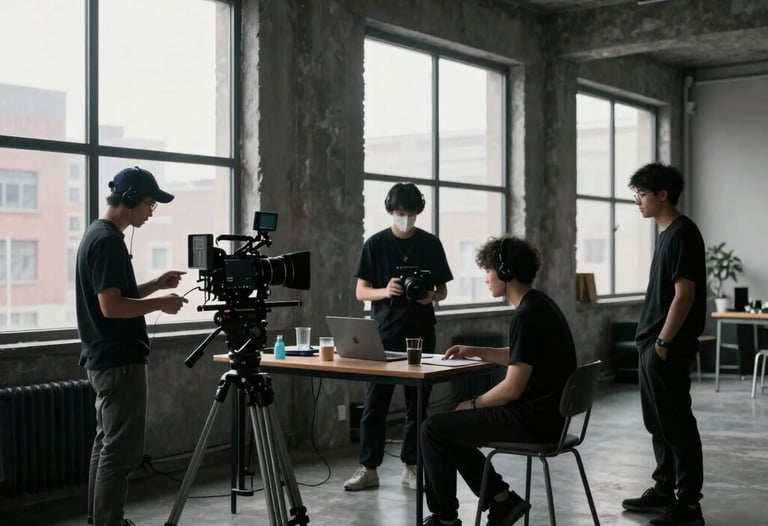 Behind-the-scenes shot of a video production team working in a minimalist urban loft. Large windows, dark gray equipment, and a focused creative atmosphere.
