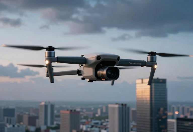 An elegant camera drone flying over a modern city landscape during twilight. High-quality aerial photography perspective with deep blues and soft light gray clouds.