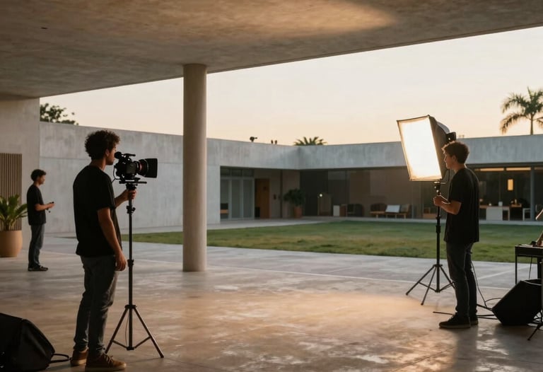 A wide shot of a music video production on location in a modern architectural space in Latin America. Warm evening sunlight and professional lighting gear visible.