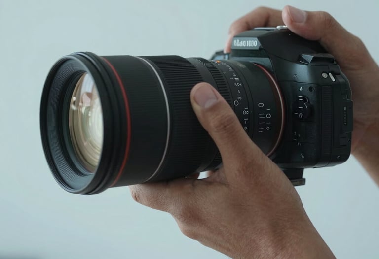A close-up shot of a professional photographer's hand adjusting a high-end lens. The lighting is soft and cinematic, with a palette of light blue and dark gray. Modern studio environment in Latin America.
