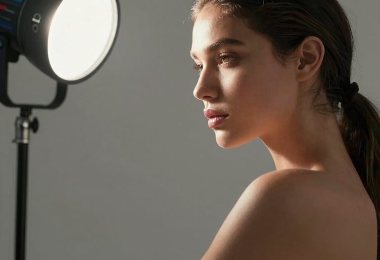 A close-up of a studio flash triggering, illuminating a high-fashion model in a minimalist pose. Clean lighting, professional studio setup in a Latin American location.