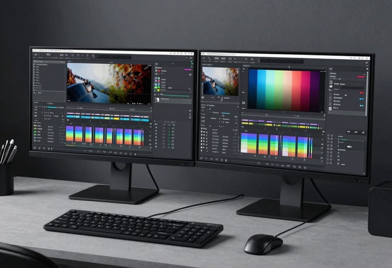 A sleek digital editing suite with dual monitors showing color grading software. The room is dark with subtle light gray ambient lighting. Professional workstation in a creative office.
