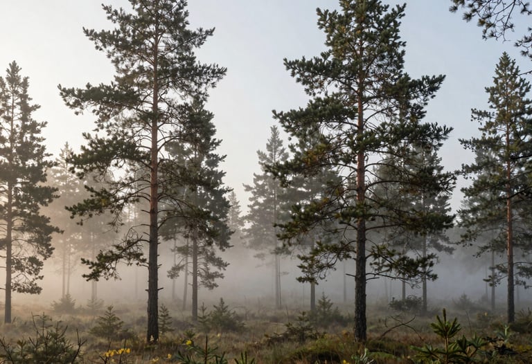 A serene landscape of a Baltic pine forest in the morning mist, representing clarity and a fresh start away from digital noise.