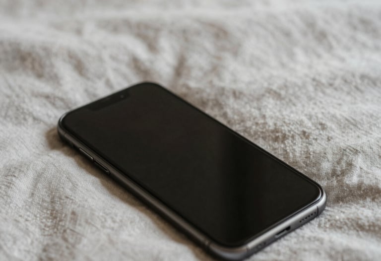 Soft focused photography of a smartphone lying face down on a light linen bedspread, morning light, indicating peace and absence of digital distraction.