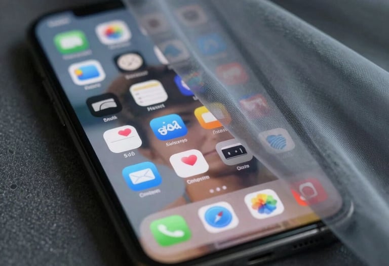 A symbolic image of a smartphone screen showing blurred social media icons, partially covered by a translucent cool grey fabric, suggesting the complexity of digital hiding.