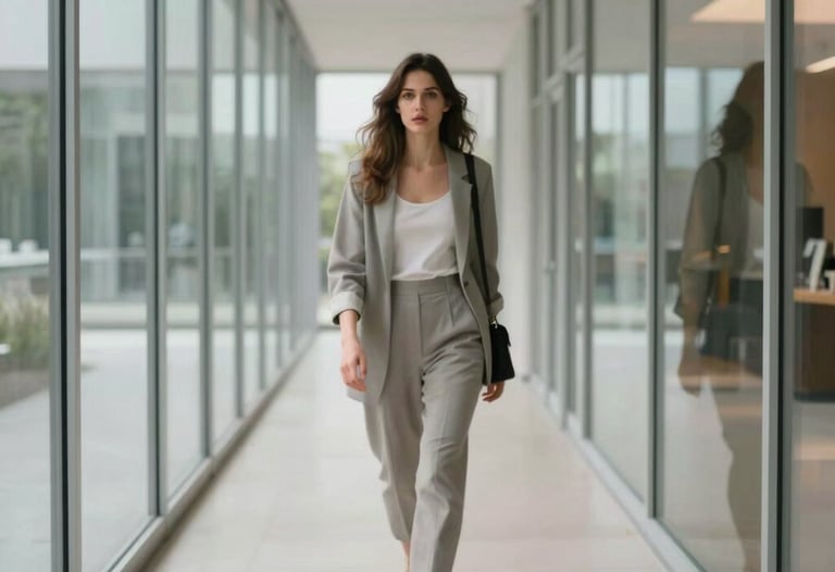 An artistic blur of a woman walking through a modern glass hallway, light grey and off-white tones, reflecting a journey through complex emotions.