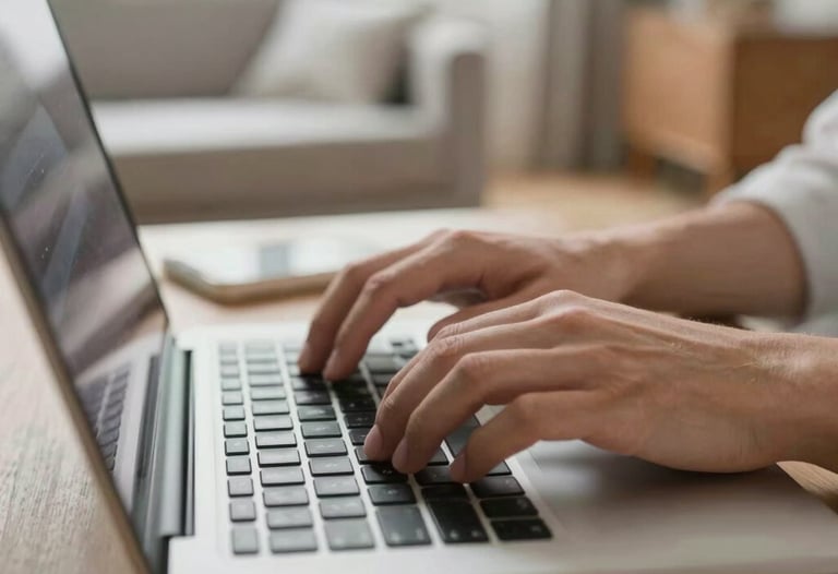 Close-up of hands typing on a laptop in a bright, modern Northern European living room. The lighting is soft and natural, emphasizing a sense of seeking connection through digital screens.