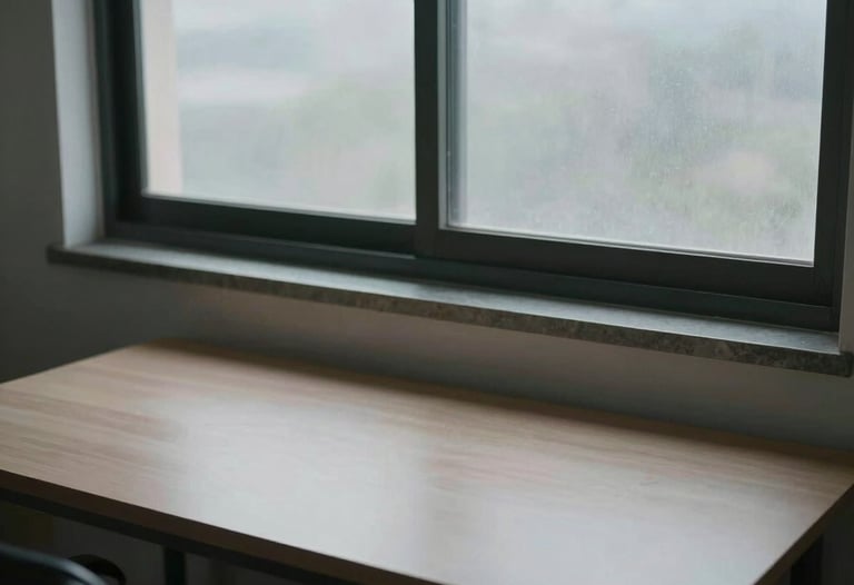 Overhead shot of a minimalist workspace with a simple desk and a window view of a grey sky, representing a space for honest self-reflection.