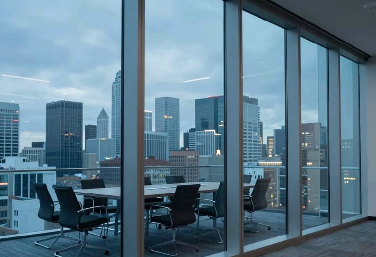 A photograph of a modern North American glass-walled meeting room overlooking a cityscape at blue hour. The interior lighting is soft mist blue, reflecting a professional and visionary business environment.