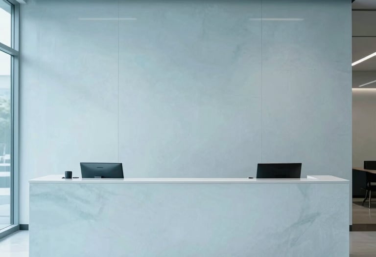 A photograph of a clean, minimalist reception area in a North American corporate headquarters. The colors are dominated by pure ice and mist blue, conveying trust and transparency.