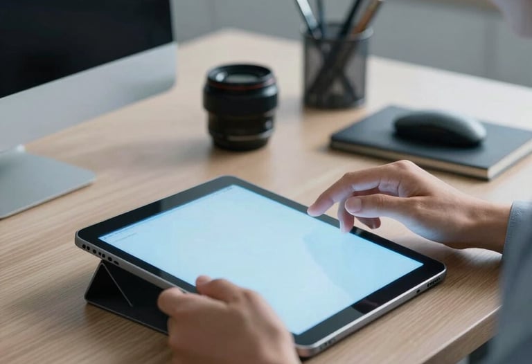 A close-up photograph of a professional in a modern North American office, working on a tablet that glows with soft sky blue light. The setting is clean and sophisticated with mist blue accents and high-end tech accessories on a wooden desk.