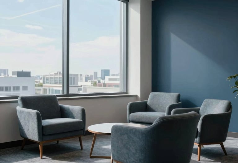 An interior shot of a sophisticated North American office lounge with mid-century modern furniture. Large windows show a clear sky, and the palette uses mist blue and slate navy.
