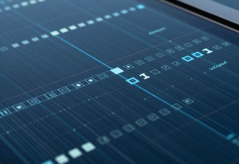 A close-up of a high-tech glass surface with digital reflections in deep navy and steel blue. The composition is abstract, modern, and suggests data flowing through secure channels.