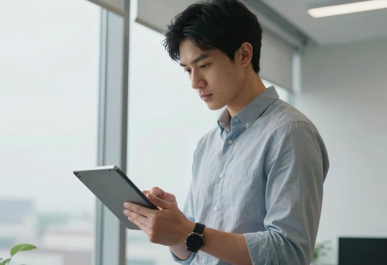 A photograph of a person in a bright North American office standing by a window, looking at a digital tablet. The room has soft lighting and a modern, airy feel with sky blue accents.