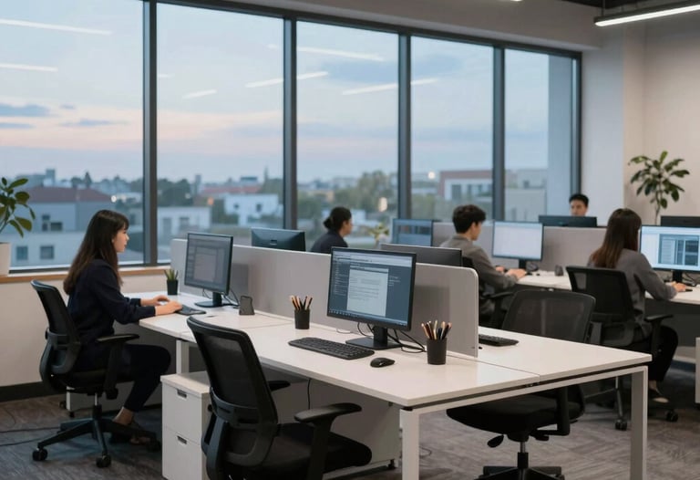 A wide photography shot of a collaborative workspace in a North American tech hub. Modern white desks, ergonomical chairs, and large windows revealing a soft sky blue atmosphere.