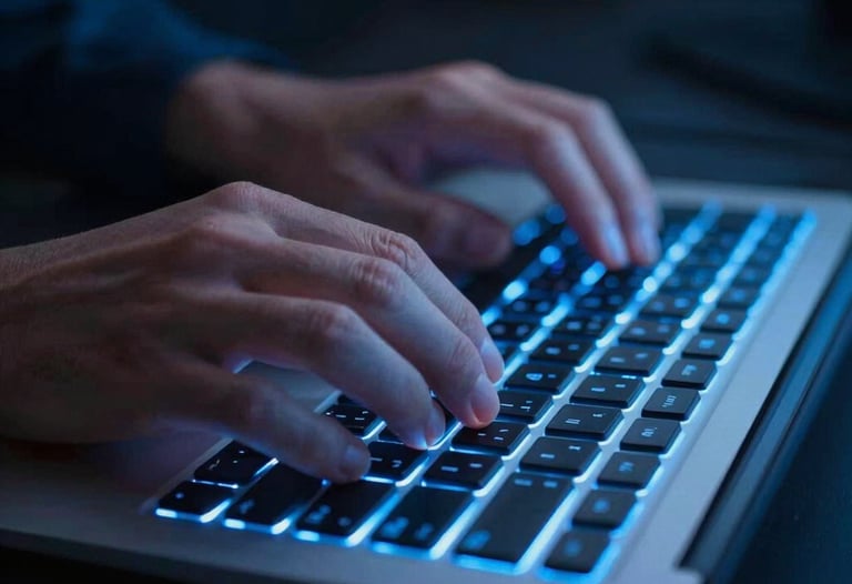 A close-up photograph of hands typing on a high-end backlit keyboard in a dimly lit North American office. The blue glow of the keys matches the deep navy and sky blue color palette.
