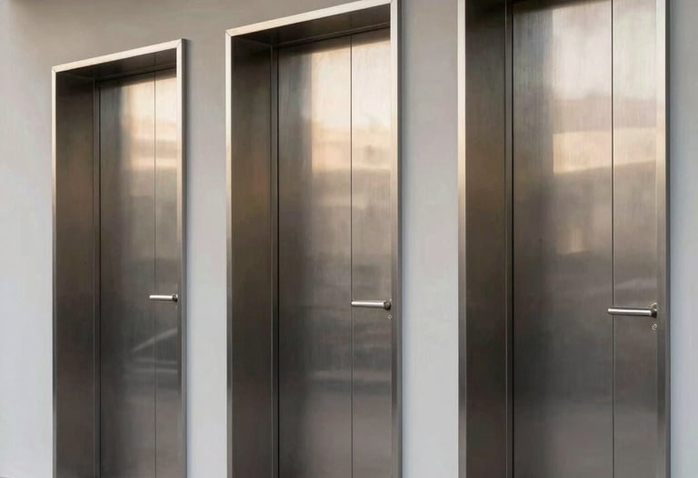 Sekumpulan pintu aluminium elegan yang dipasang di bangunan bergaya modern minimalis, menunjukkan hasil akhir yang bersih dan mewah.
